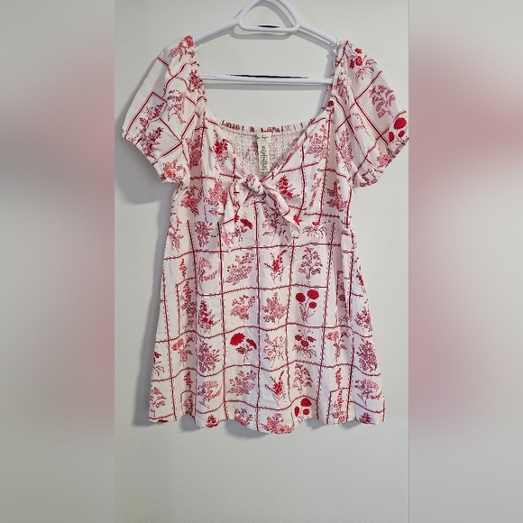 Jessica Simpson Floral Red White Dress Linen Blend Mini Short Sleeve Size XL - Picture 2 of 6